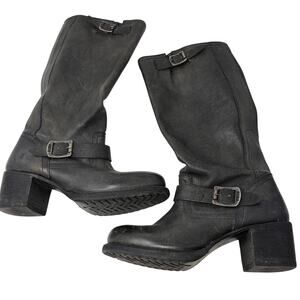 Frye Vera Slouch Boots Gray Black Leather Heeled Moto Boot Womens Sz 9 Knee High